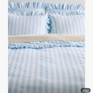 Anthropologie Queen Maeve Blue/ivory stripped ruffle duvet and sham set